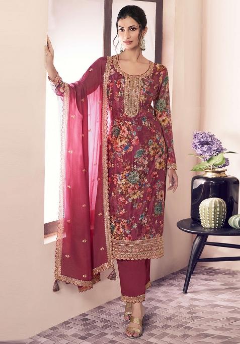 Red Embroidered Chinnon Silk Pakistani Salwar Kameez With Dupatta