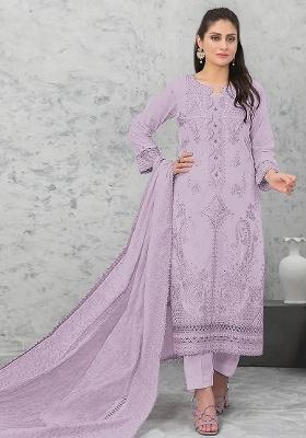 Purple Embroidered Cotton Pakistani Salwar Kameez With Dupatta