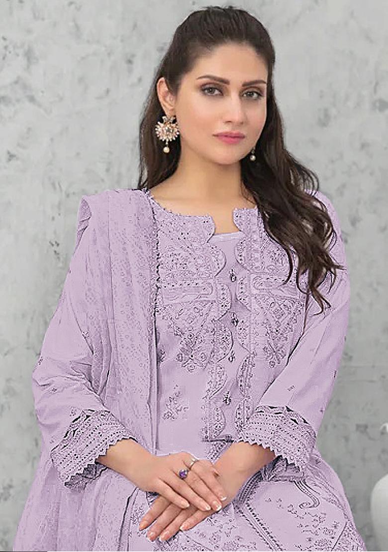 Purple Embroidered Cotton Pakistani Salwar Kameez With Dupatta