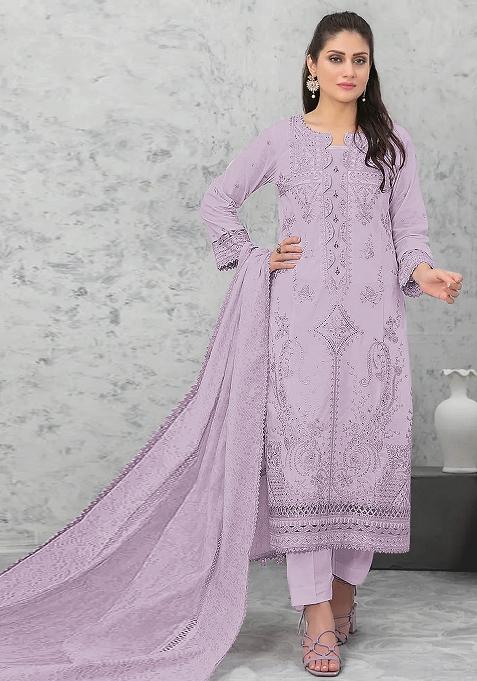 Purple Embroidered Cotton Pakistani Salwar Kameez With Dupatta