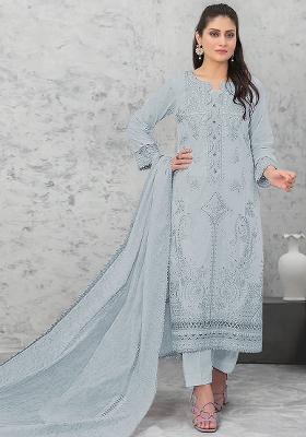 Grey Embroidered Cotton Pakistani Salwar Kameez With Dupatta