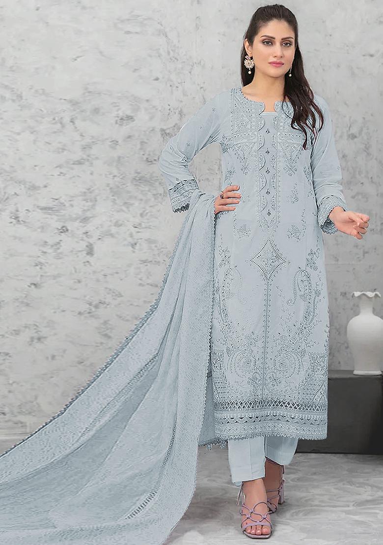 Grey Embroidered Cotton Pakistani Salwar Kameez With Dupatta