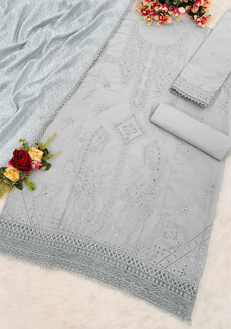 Grey Embroidered Cotton Pakistani Salwar Kameez With Dupatta