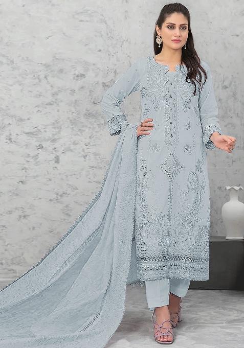 Grey Embroidered Cotton Pakistani Salwar Kameez With Dupatta