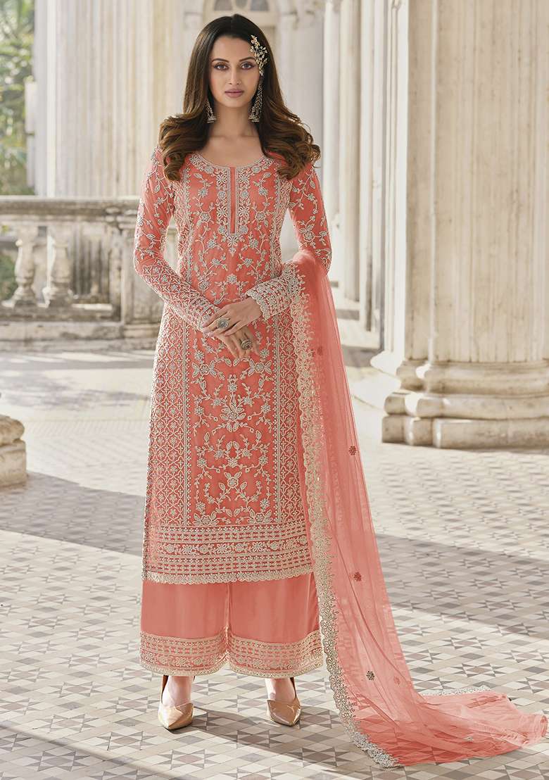 Orange Embroidered Net Pakistani Suit Set - Indya