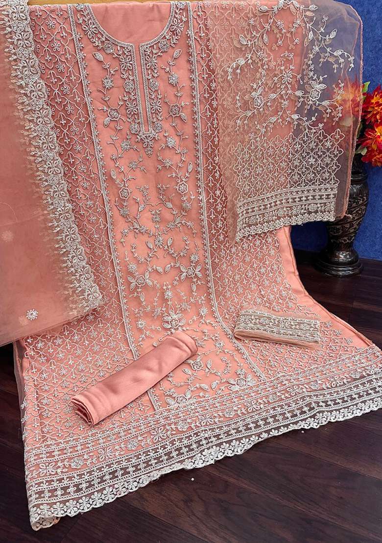 Orange Embroidered Net Pakistani Suit Set - Indya