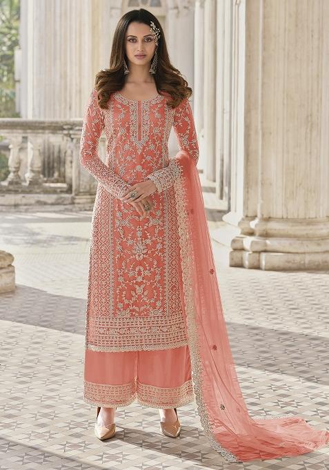 Orange Embroidered Net Palazzo Set With Dupatta