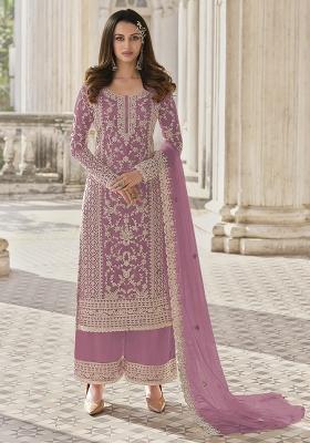 Violet Embroidered Net Palazzo Set With Dupatta