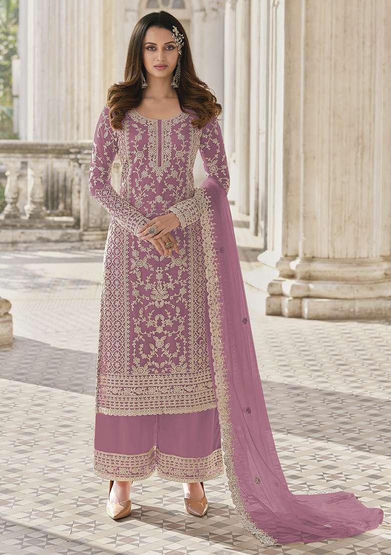 Violet Embroidered Net Straight Kurta Set - Indya