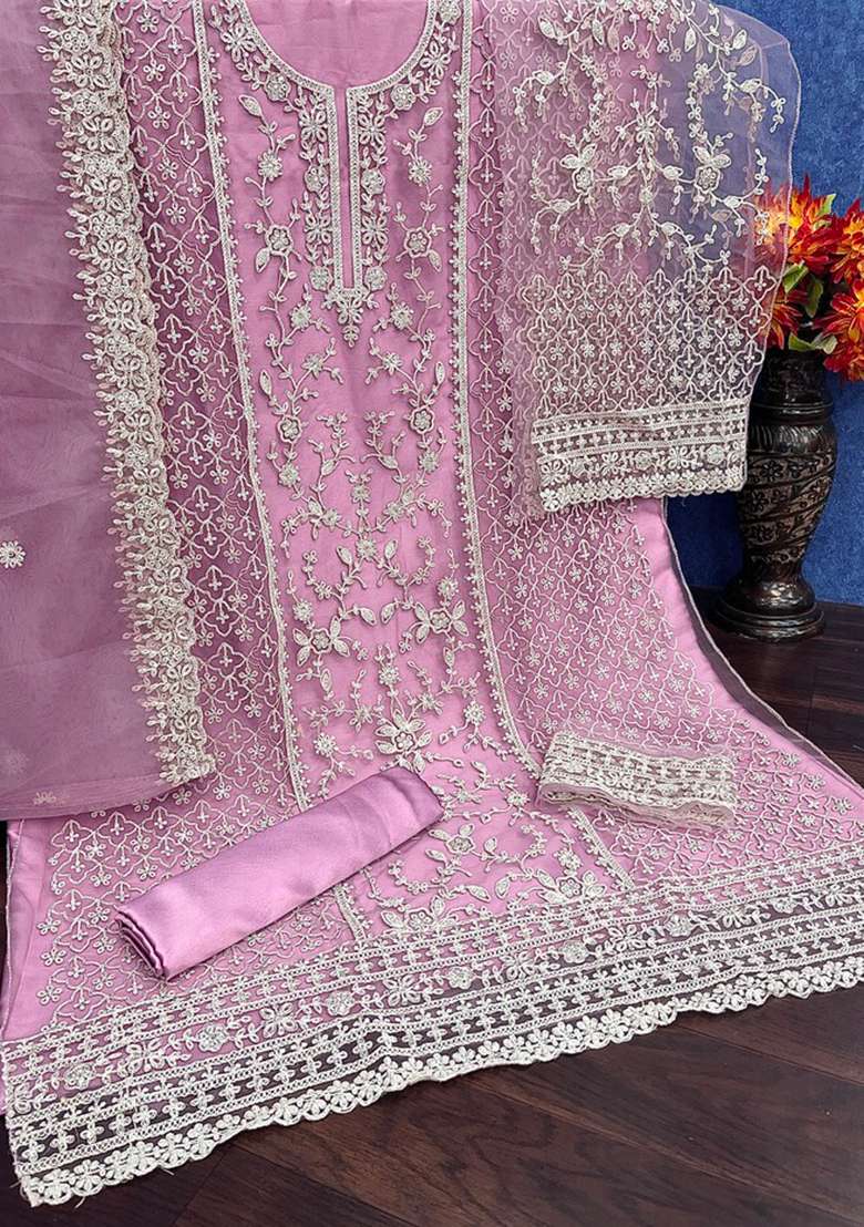 Violet Embroidered Net Straight Kurta Set - Indya