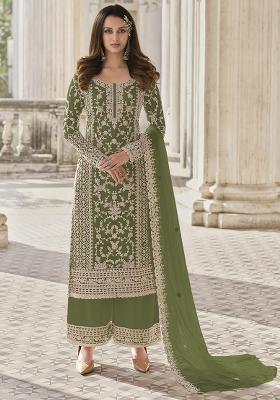 Green Embroidered Net Palazzo Set With Dupatta