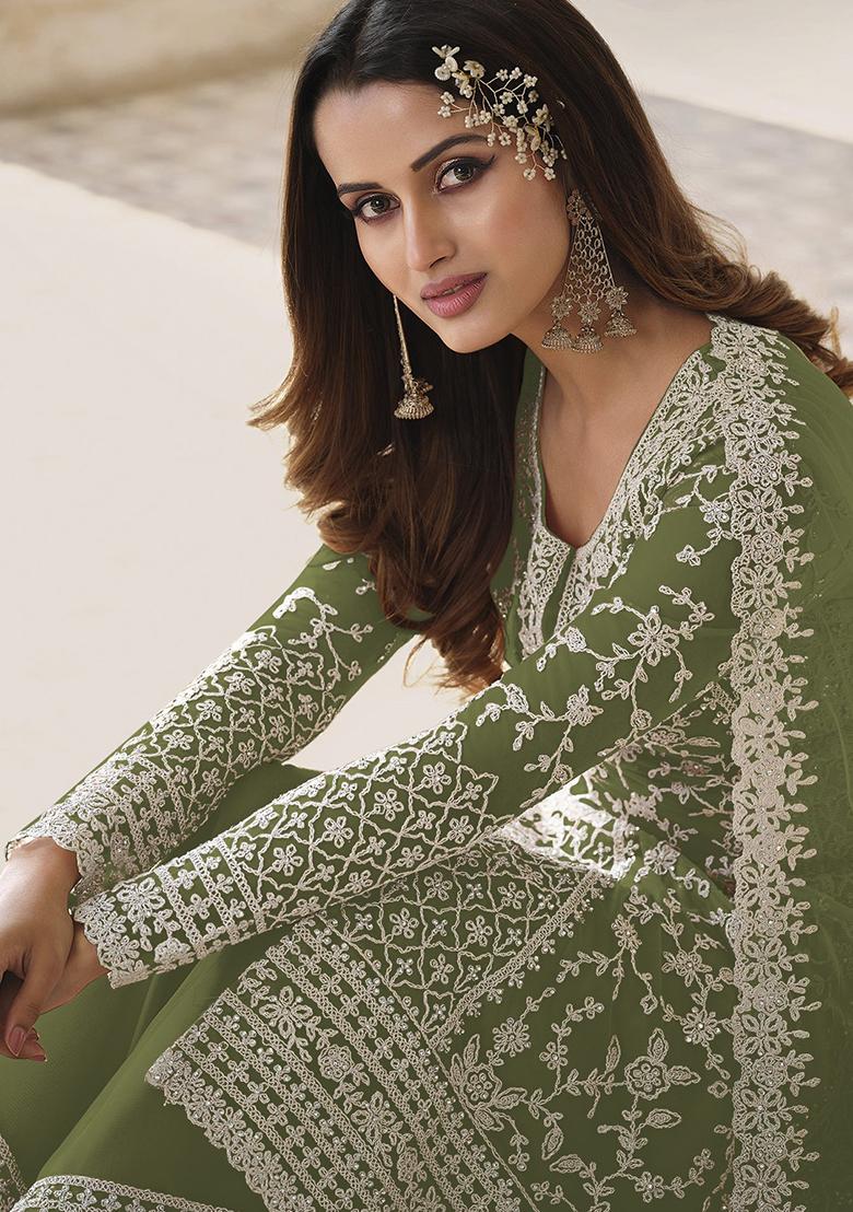 Green Embroidered Net Palazzo Set With Dupatta