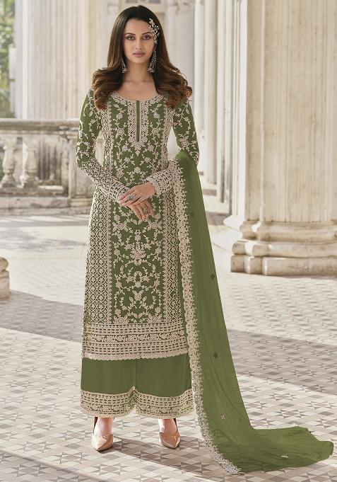 Green Embroidered Net Palazzo Set With Dupatta
