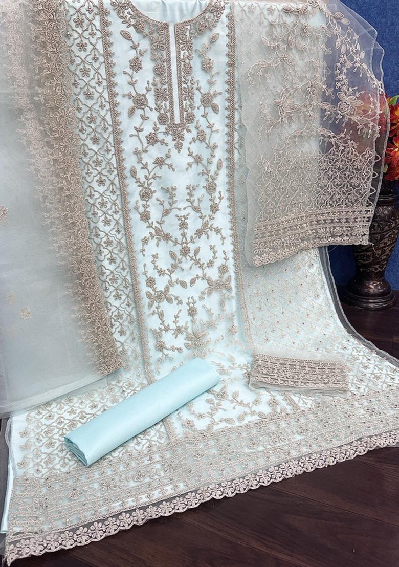 Sky Blue Embroidered Net Palazzo Set With Dupatta