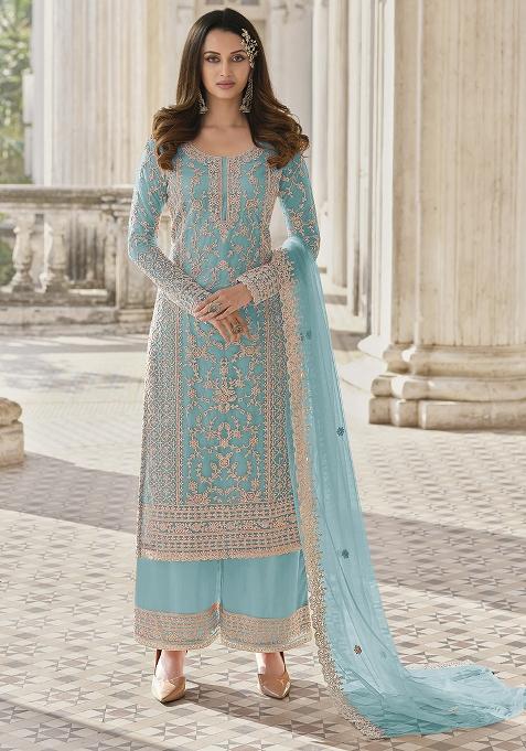 Sky Blue Embroidered Net Palazzo Set With Dupatta