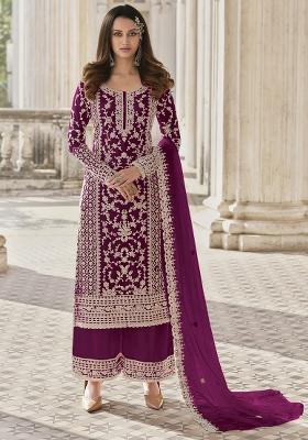 Purple Embroidered Net Palazzo Set With Dupatta