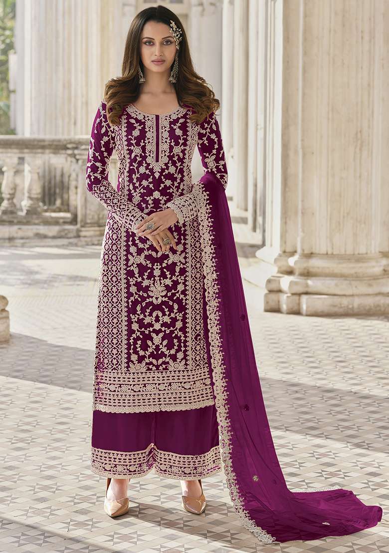Purple Embroidered Net Pakistani Suit Set - Indya
