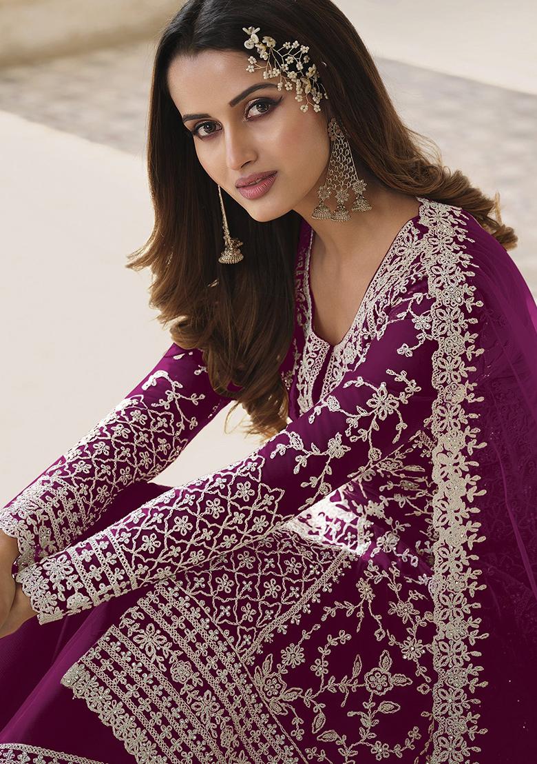 Purple Embroidered Net Palazzo Set With Dupatta
