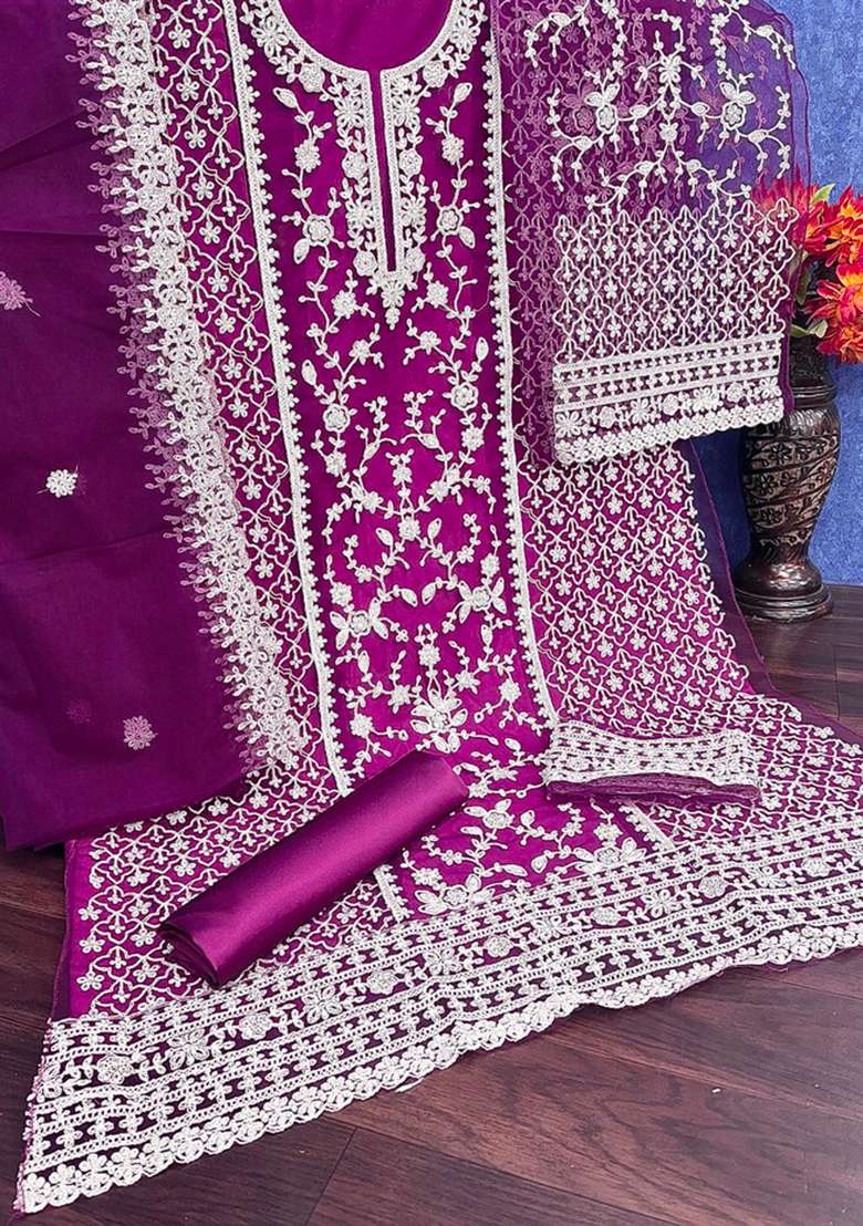 Purple Embroidered Net Pakistani Suit Set - Indya