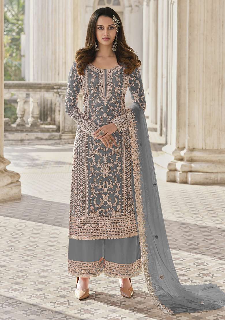 Grey Embroidered Net Pakistani Suit Set - Indya