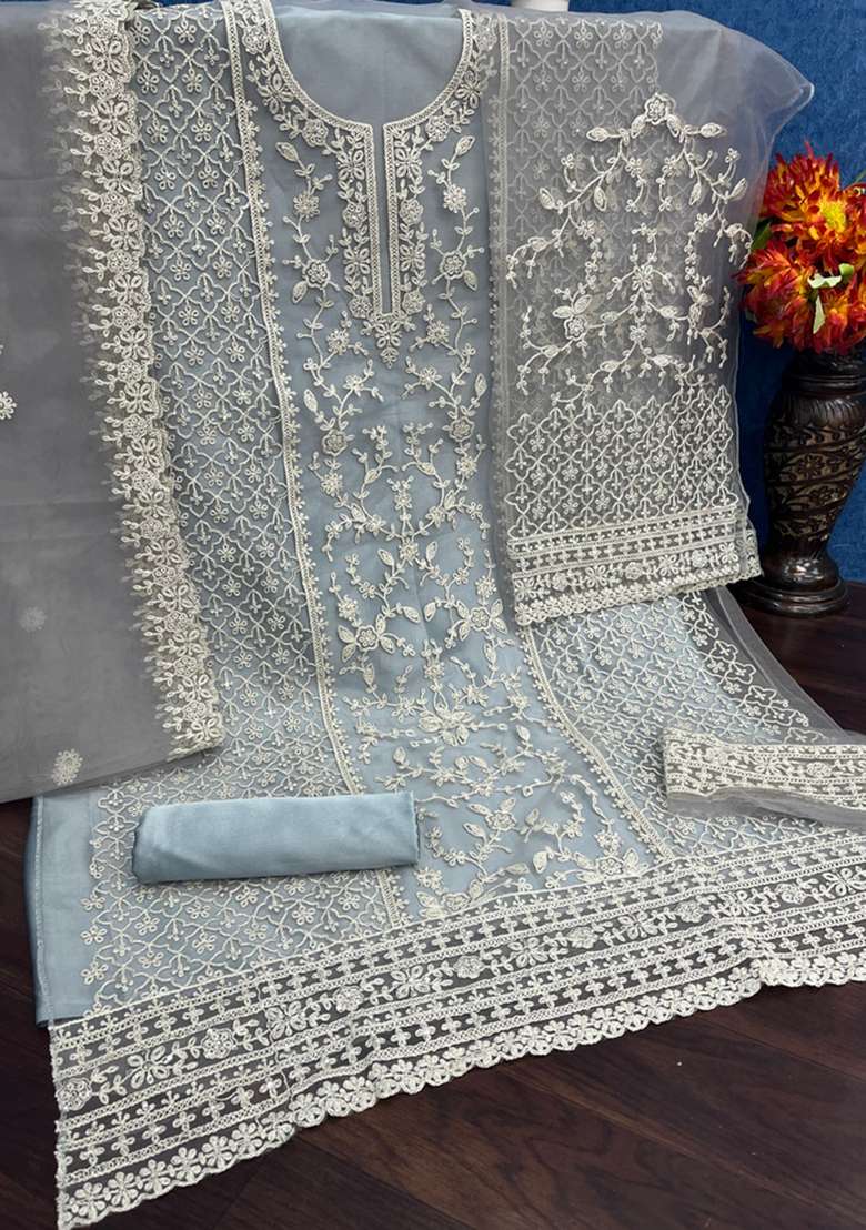 Grey Embroidered Net Pakistani Suit Set - Indya