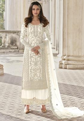 White Embroidered Net Palazzo Set With Dupatta