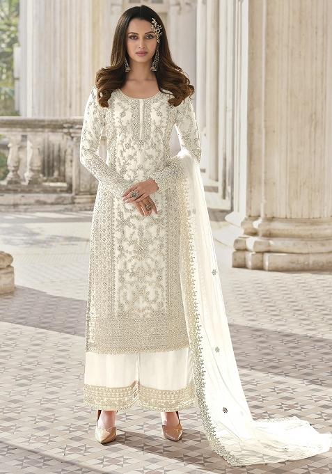 White Embroidered Net Palazzo Set With Dupatta