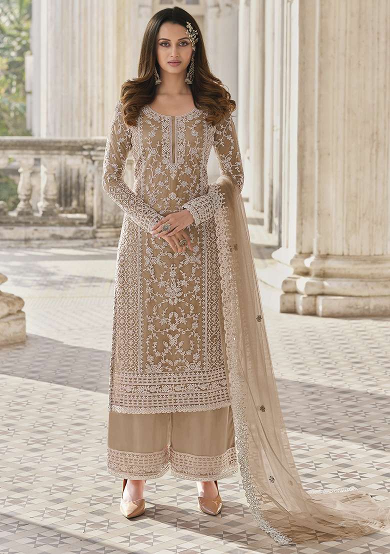 Beige Embroidered Net Pakistani Suit Set - Indya