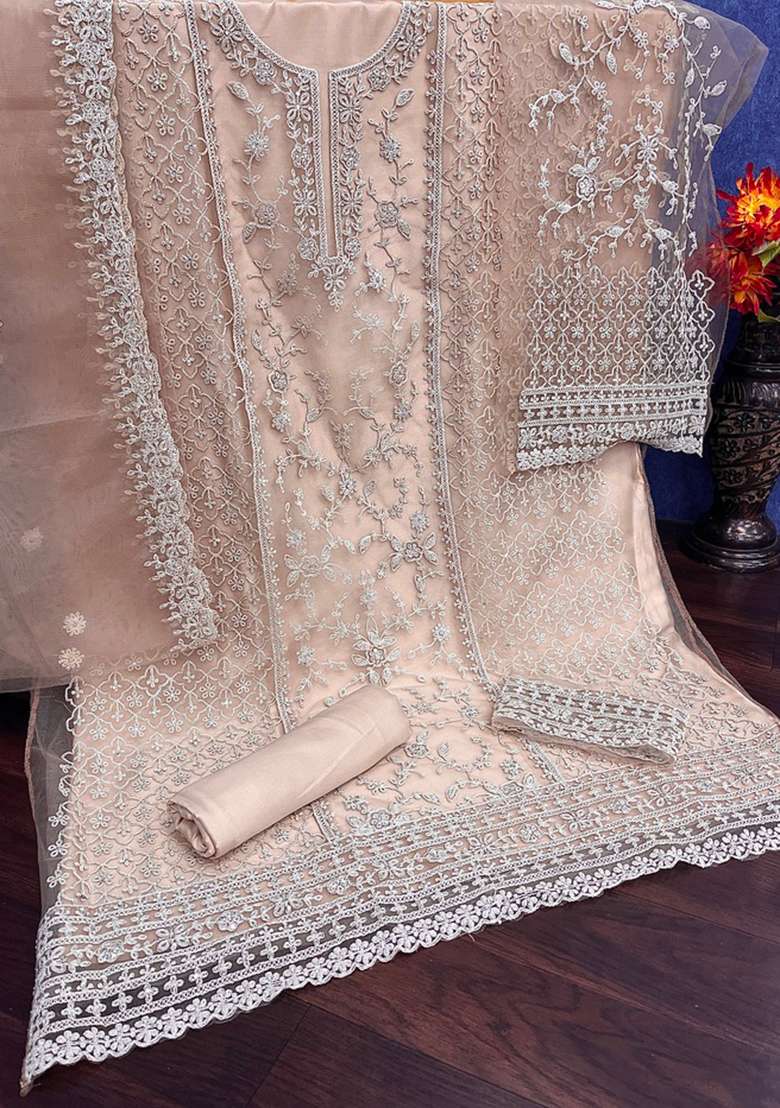 Beige Embroidered Net Pakistani Suit Set - Indya