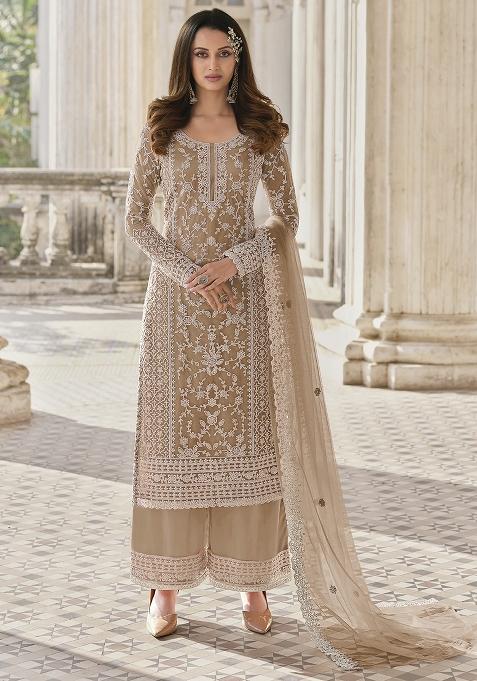 Beige Embroidered Net Palazzo Set With Dupatta