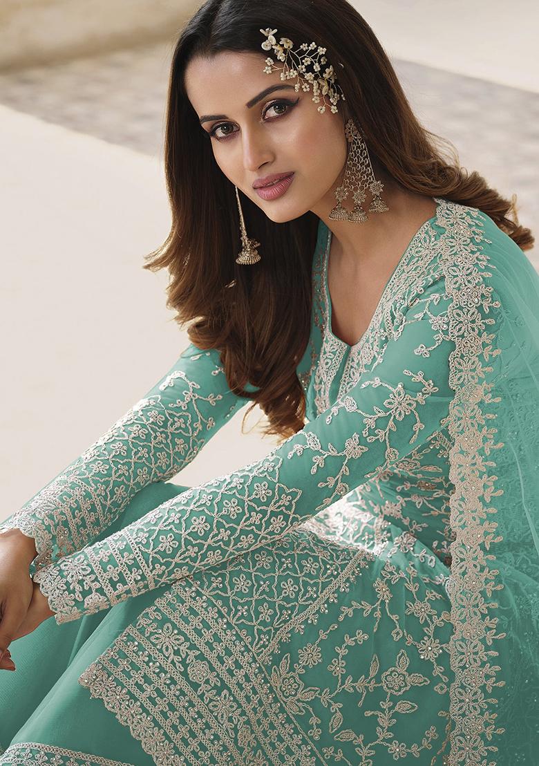 Sea Green Embroidered Net Palazzo Set With Dupatta