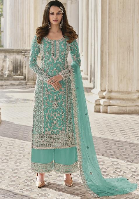 Sea Green Embroidered Net Palazzo Set With Dupatta
