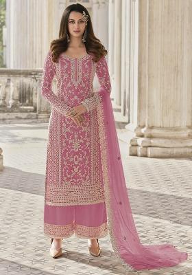 Pink Embroidered Net Palazzo Set With Dupatta
