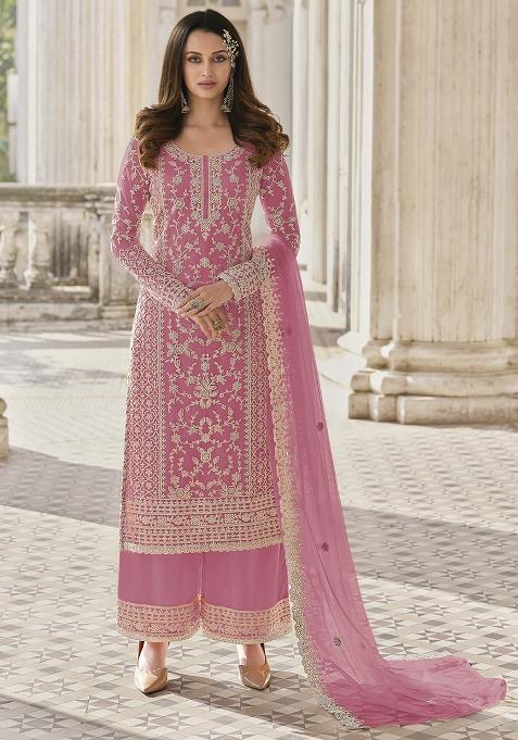 Pink Embroidered Net Palazzo Set With Dupatta