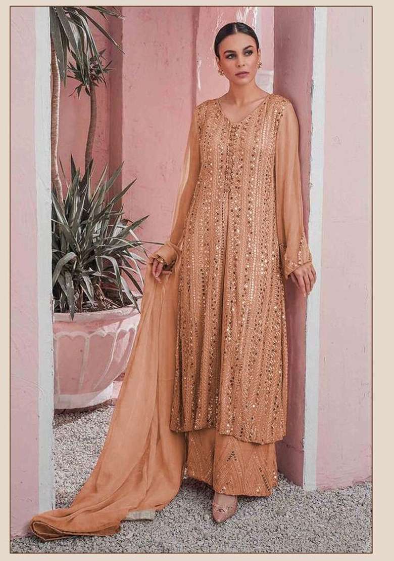 Orange Embroidered Georgette Pakistani Suit Set - Indya