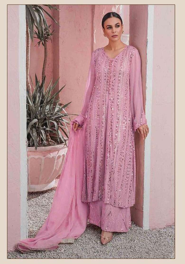 Pink Embroidered Georgette Pakistani Suit Set - Indya