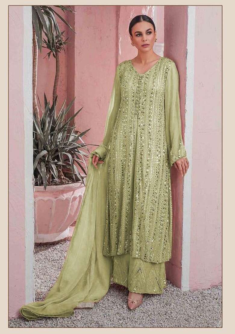Green Embroidered Georgette Straight Kurta Set - Indya
