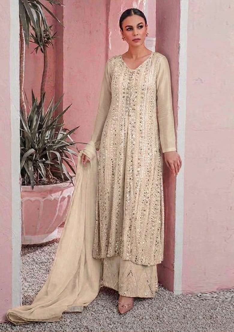 Off White Embroidered Georgette Straight Kurta Set - Indya