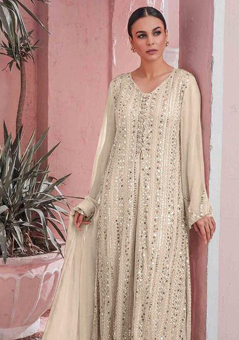 Off White Embroidered Georgette Pakistani Salwar Kameez With Dupatta
