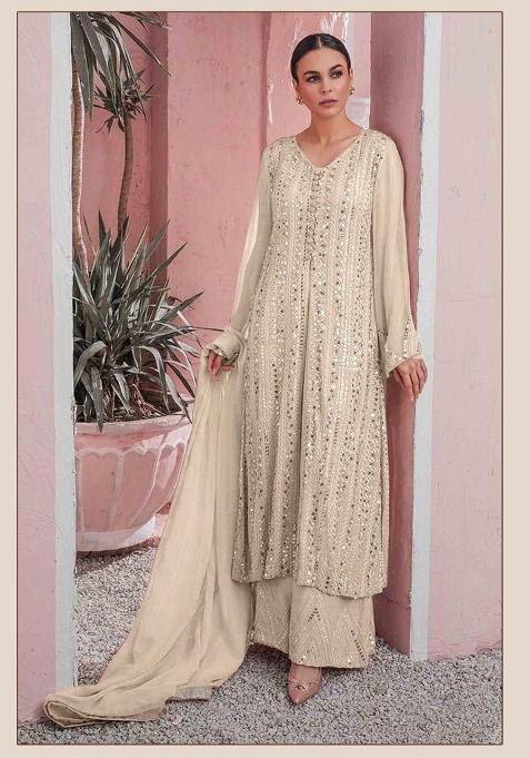 Off White Embroidered Georgette Pakistani Salwar Kameez With Dupatta