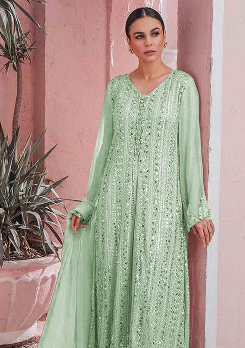 Light Green Embroidered Georgette Pakistani Salwar Kameez With Dupatta