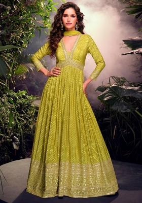 Green Embroidered Jacquard Anarkali Set With Dupatta