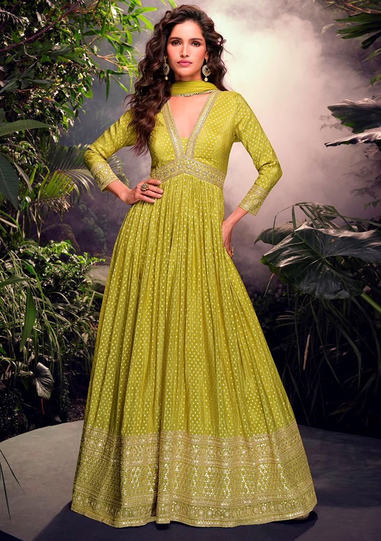 Green Embroidered Jacquard Anarkali Set With Dupatta