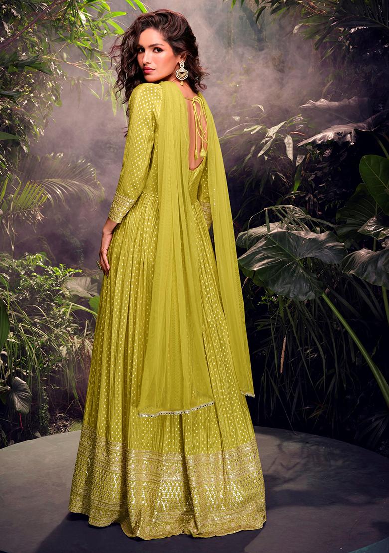 Green Embroidered Jacquard Anarkali Set With Dupatta