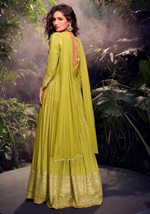 Green Embroidered Jacquard Anarkali Set With Dupatta