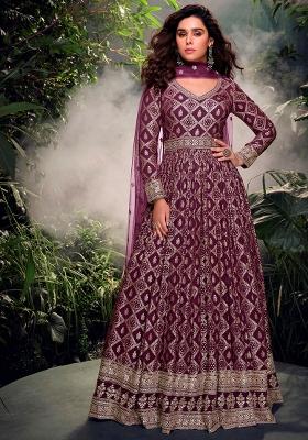 Purple Embroidered Jacquard Anarkali Set With Dupatta