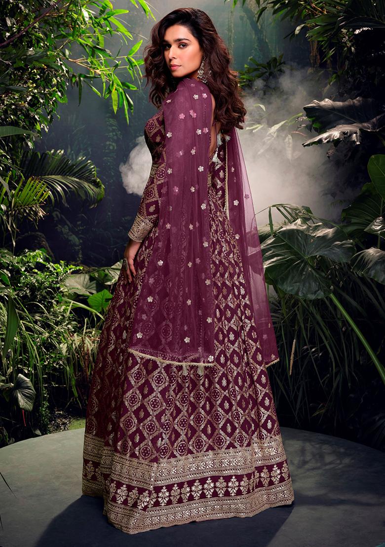 Purple Embroidered Jacquard Anarkali Set With Dupatta