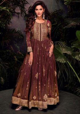 Brown Embroidered Jacquard Anarkali Set With Dupatta