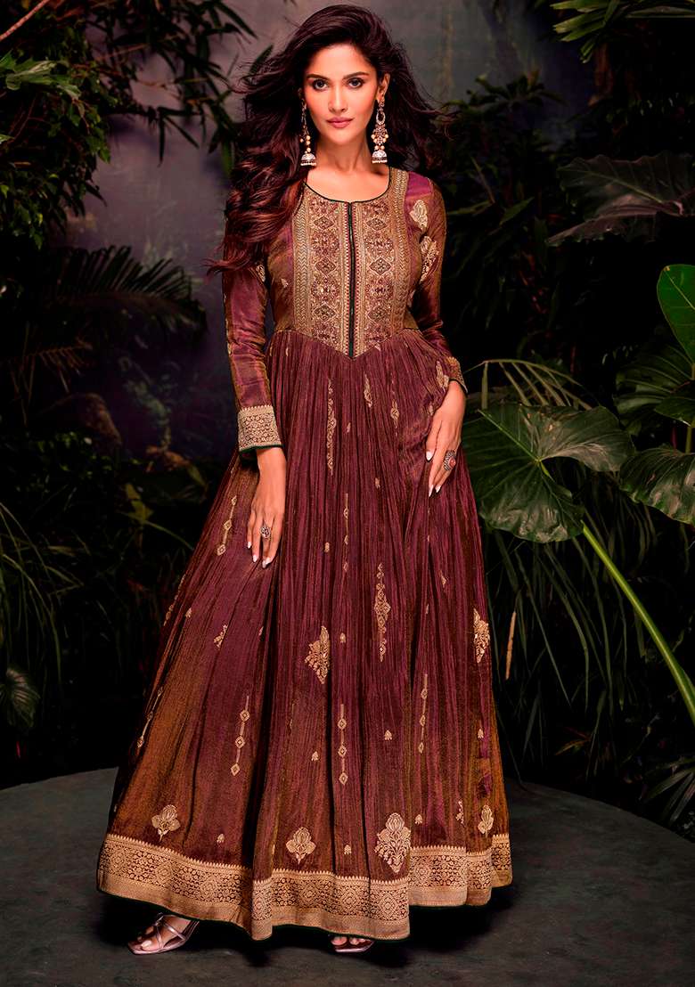 Brown Embroidered Jacquard Anarkali Set With Dupatta - Indya