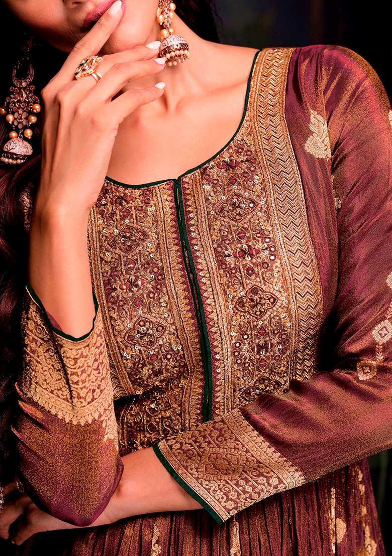 Brown Embroidered Jacquard Anarkali Set With Dupatta - Indya